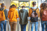 Fototapeta  - a group of diverse students participating in a school election. They are standing in front of voting booths, casting their votes, with their backs to the camera.