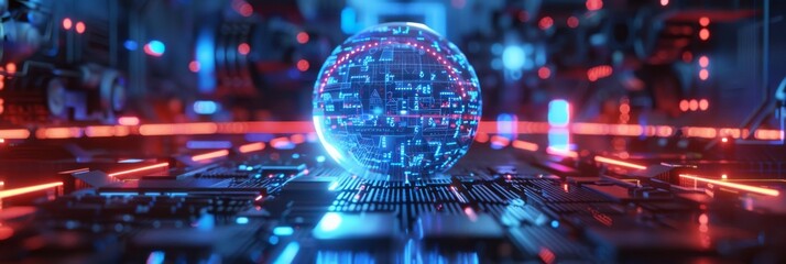 Poster - Imagining an Advanced and Artificial Glowing Sphere placed in a futuristic Circuit Board Environment