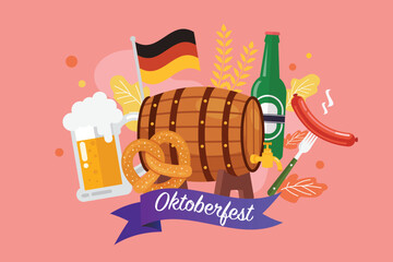 Oktoberfest german festival with beer barrel sausage and pretzel