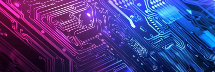 Poster - A digital circuit board with neon lighting is a complex mix of electronic parts