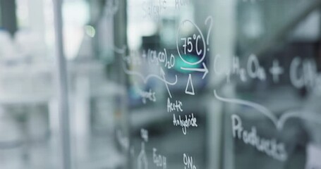 Aufkleber - Hand, science and writing on glass in laboratory with person calculating formula for development. Equation, pen and window with doctor or scientist working on solution for pharmaceutical breakthrough
