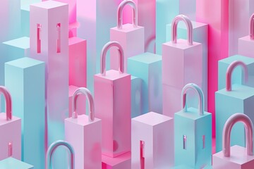 Sticker - Minimalist digital padlocks in a surreal pink cityscape, exploring urban security concepts