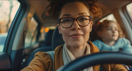 A middle-aged woman with glasses is driving in her car, she has two children sitting behind her and smiling at the camera