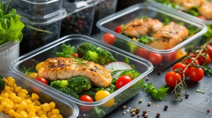 Vibrant meal prep with grilled salmon and fresh vegetables in containers. Healthy, nutritious, and balanced diet for home cooking. Ideal for meal planning and self-care.