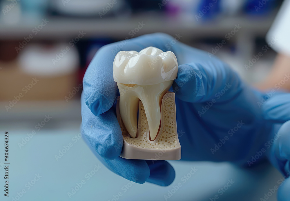 entist holding a model of dental implants and teeth, showing the ...
