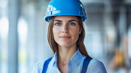 construction worker woman wearing safety gear, with transparent buildings in the background. The image symbolizes the strength, diversity, and contributions of women in the workforce, especially in co