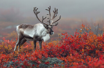 Wall Mural - A caribou with its antlers raised in the air, crossing an autumn tundra landscape