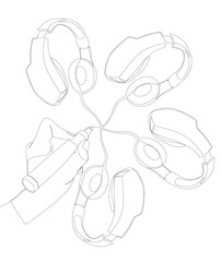 Wall Mural - One continuous line of Headphones drawn with a pencil, felt tip pen. Thin Line Illustration vector concept. Contour Drawing Creative ideas.