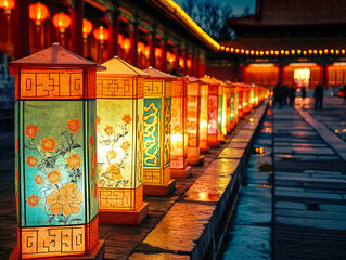 Wall Mural - A row of lanterns with flowers on them are lit up. The lanterns are lined up along a walkway