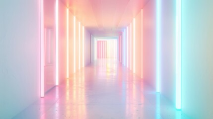 A stunning corridor bathed in colorful neon lights creates a futuristic atmosphere