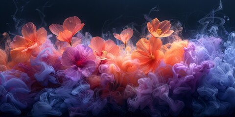 A captivating mix of colorful flowers and swirling smoke, creating a beautiful dreamlike atmosphere