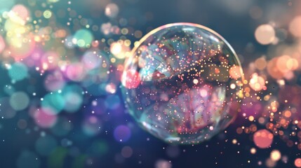 Poster - An iridescent bubble floats amidst a swirl of sparkling colorful particles