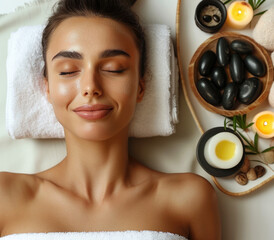 Wall Mural - A woman is lying down with her eyes closed, enjoying the relaxing atmosphere of a spa salon surrounded by palm leaves and tropical flowers.