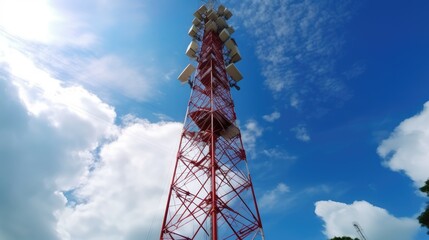 Red Communication Tower Against Blue Sky