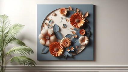 modern 3D floral wall art canvas with orange flowers and blue leaves