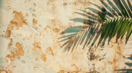 Aufkleber - A palm leaf creates stunning shadows against a textured, cracked wall during the evening light