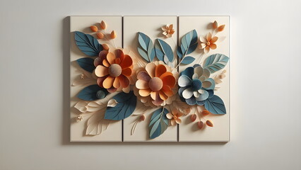 modern 3D floral wall art canvas with orange flowers and blue leaves