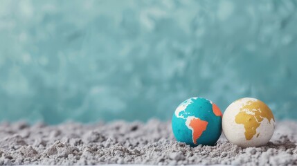 Two miniature globes resting on a sandy surface with a blurred aqua background, symbolizing global connection and geography.