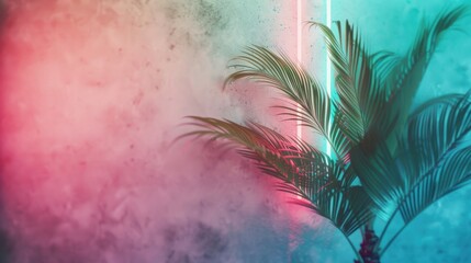 Aufkleber - Soft neon glow highlights a tropical plant, creating a vibrant and moody atmosphere in the space