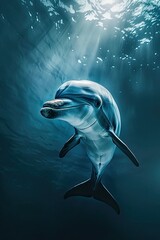 Canvas Print - A Dolphin Swimming Towards the Surface with Sunlight Shining Through the Water