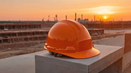 orange hard hat placed on construction site at sunset with construction site background, safety first concept