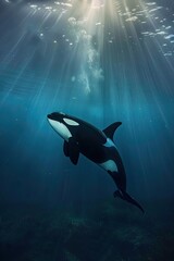 Wall Mural - Orca Swimming Through Sunbeams In The Ocean