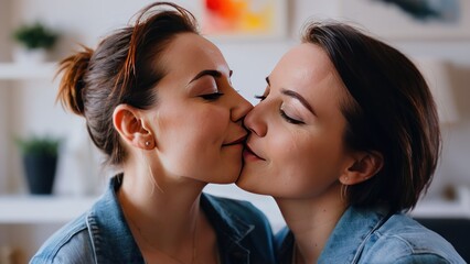 Wall Mural -  two women, with face paint on faces kissing,