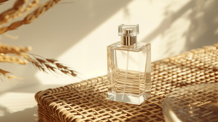 Canvas Print - empty square transparent perfume bottle on rattan table, Ai generated Images