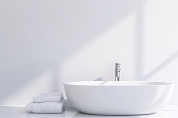 Poster - Ultra-clear shot of a minimalist bathroom, single towel, sleek fixtures,