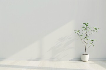 Poster - hyper-realistic minimalist living room, soft natural light, single potted plant, clean lines,