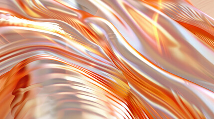 3D rendered fluid glossy glass-textured orange yellow golden metal pleated gauze lined wavy fabric with beautiful curves abstract cosmetic beauty technology wallpaper background