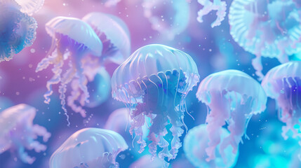 Wall Mural - 3D colorful realistic vivid jellyfishes floating in the sea with pop style underwater ocean background
