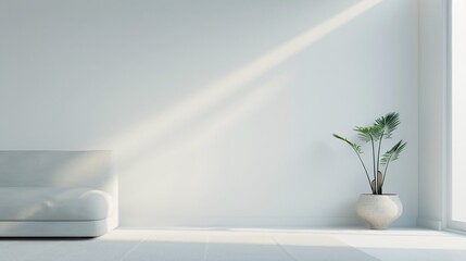 Poster - hyper-realistic minimalist living room, soft natural light, single potted plant, clean lines,