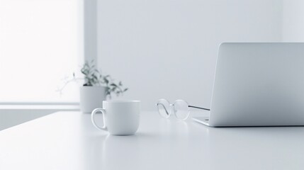 Poster - Ultra-sharp image of a simple workspace, sleek laptop, white desk, nothing else,