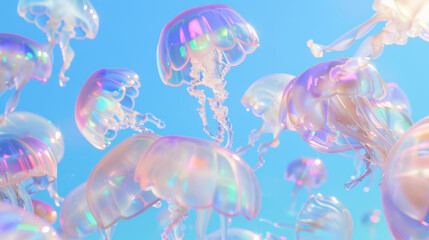 Wall Mural - 3D colorful glass textured jellyfishes floating in the air with futuristic pop style background