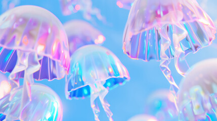 Poster - 3D colorful glass textured jellyfishes floating in the air with futuristic pop style fashion dreamy background