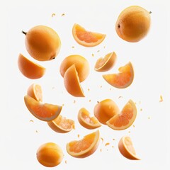 Falling Grapefruit Slices: Organic Citrus Fruit Isolated on White Background. Creative Panoramic Depth Composition for Healthy Recipes, Culinary Ingredients, and Wellness Lifestyle. Fresh Produce Conc