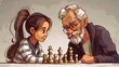 © GenerativeAIpicture - Elderly man teaching his granddaughter to play chess, both focused and enjoying their time together. Cartoon illustrations