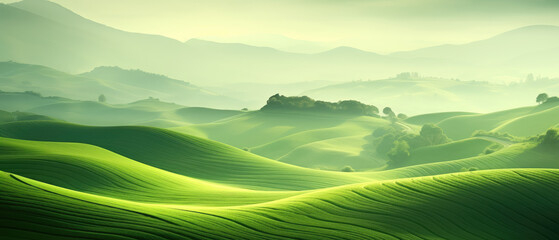 Canvas Print - Lush Green Hills in Misty Morning Light