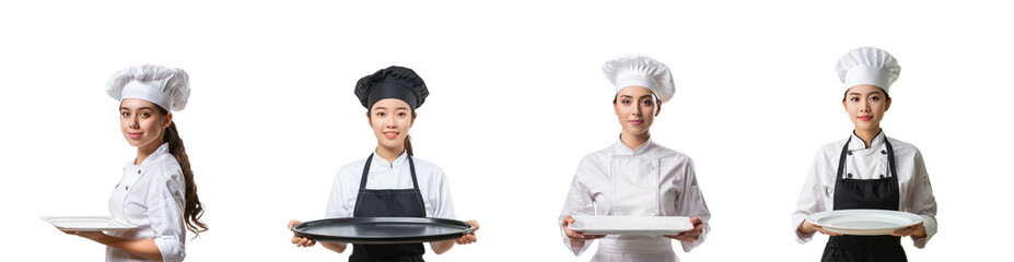 pretty young female chef hand holding empty tray side view isolate on transparency background