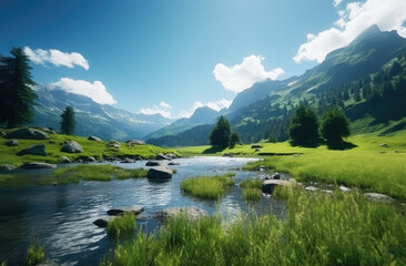 Sticker - Serene Mountain Stream in Sunlit Valley