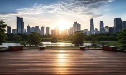 Wall Mural - Peaceful Cityscape Sunrise Over Urban Park