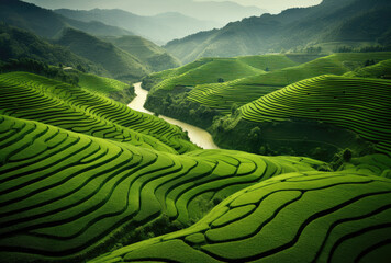 Sticker - Lush Green Terraced Hills and Serene River