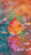 © Ashy studio - 3D yellow red leaf on green land with reflection in rainy day showing autumn atmosphere emotional festival poster