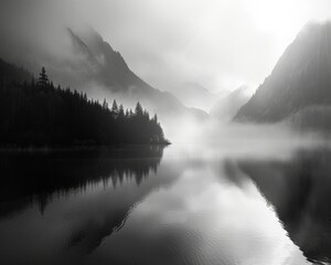 A serene black and white landscape featuring mountains and reflective water surrounded by mist and tranquility.