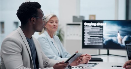 Poster - Business people, meeting and teamwork on computer screen for science, technology and innovation in rocket design. Engineering expert and b2b investors listening to digital presentation of satellite