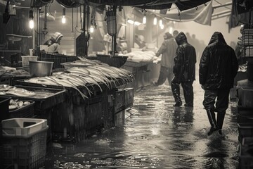 A bustling fish market scene in the rain, highlighting vendors and shoppers navigating through waterlogged streets.