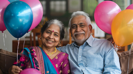 Sticker - Old age Indian couple holding balloons, festival look, sitting at sofa