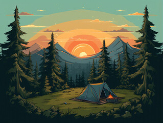 Sticker - Serene Sunset Camping in Pine Forest Wilderness