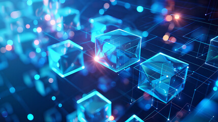 Poster - A computer generated image of a network of cubes with red and blue lights. The cubes are connected to each other in a web-like pattern. Concept of complexity and interconnectedness